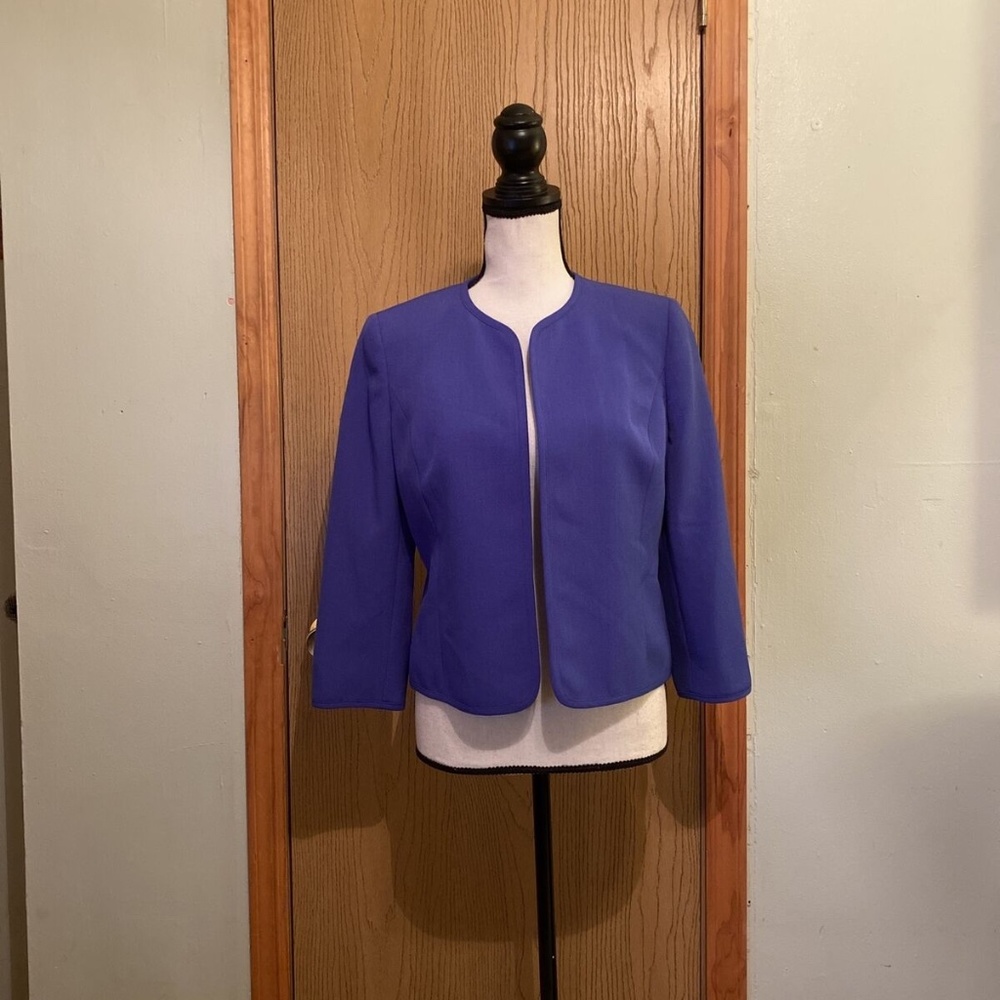 Anne Klein Size 6P Solid Blue Open-Front Collarless Long Sleeve Blazer - EUC